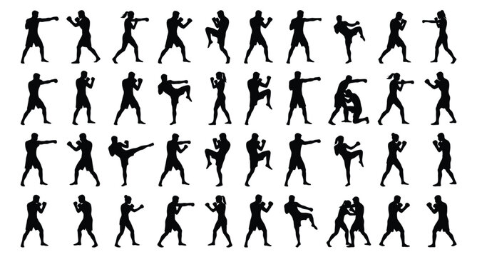 A professional vector silhouette sheet featuring 40 different fighting poses .eps