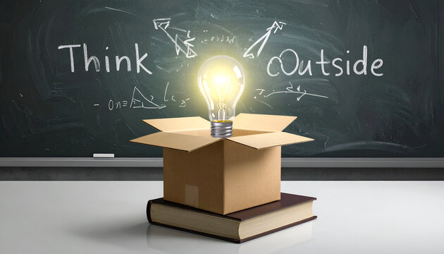 Illuminated Light Bulb in Open Box on Book Symbolizing Creative Thinking Outside the Box.