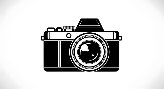 Black and white of a vintage camera with lens and strap