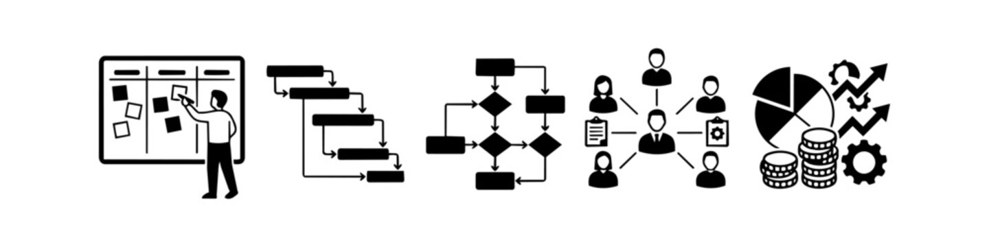 A set of five black icons representing business and project management: kanban board, gantt chart, flowchart, team structure, and growth analytics on a white background.