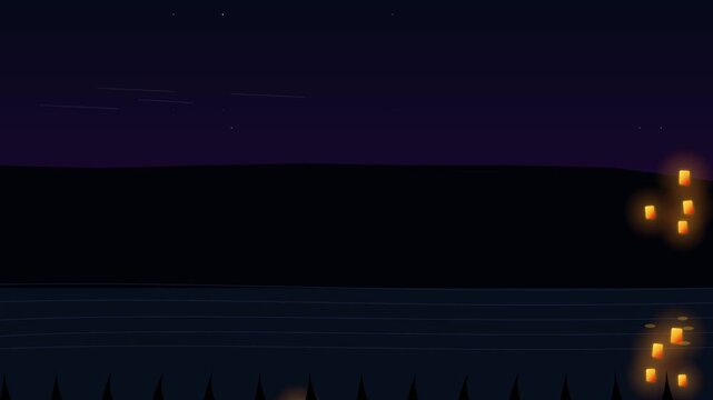 Floating sky lanterns rise into the night sky over a dark landscape
