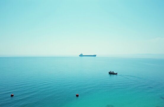 Large cargo ship sails on calm blue sea horizon. Small boat travels nearby. Red buoys float on water surface. Ocean expanse under clear sky.
