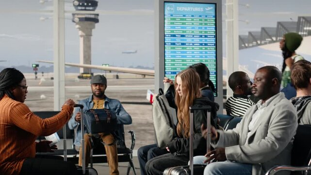 Rushing, looking at departure board display and travelers in busy airport. Waiting for plane, flight timetable information and Tourists walking in air transportation terminal