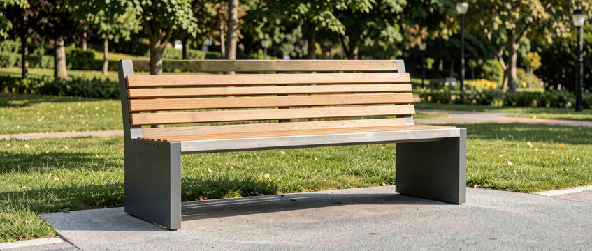 A simple wooden bench situated in the center of a green park