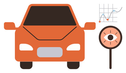 Naklejka premium Autonomous cars, AI technology, automotive innovation, data detection, vehicle monitoring, traffic safety. Image an orange car, an eye symbol and an analytics chart. s autonomous cars and AI