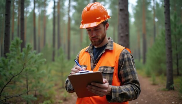 Forest worker in hard hat and vest writes on clipboard in pine woods. Male forester checks trees, plans logging, works in natural green forest. Outdoor rural forestry occupation.