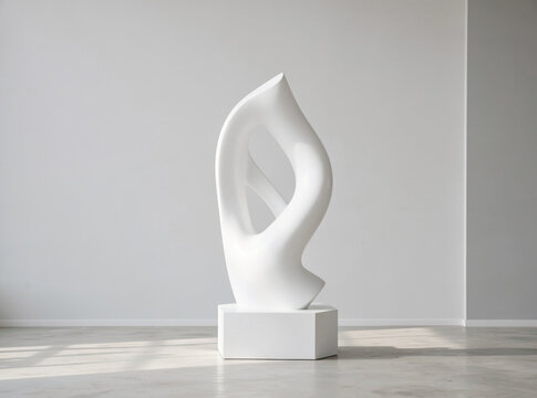 A white sculpture sits on top of a cement floor, providing a stark contrast