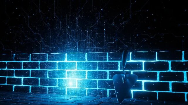 Digital Construction Of Brick Wall In Dark Environment Featuring Trowel Glowing Circuits In The Background Metaphor For Data Security Potentially Used For Website Design