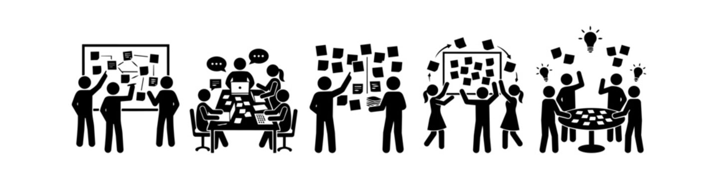 Set of black stick figure icons showing team collaboration, brainstorming, project planning with sticky notes, and creative workshop meetings for business and innovation.