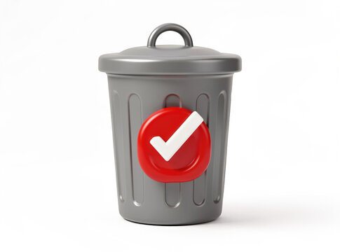 A close-up of a grey trash can with a distinctive red tick mark, suitable for use in illustrations or graphics