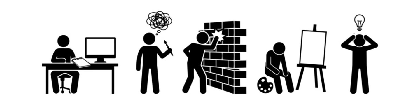 Stick figure pictograms depicting the creative process, showcasing mental block, frustration with a blank canvas, hitting a brick wall, and the final breakthrough 'aha' moment with a lightbulb.