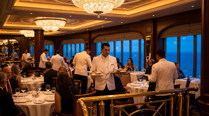 Fototapeta premium Waiter serving dinner in elegant cruise ship dining room at twilight
