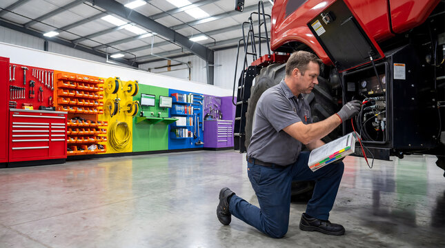 Mechanic inspecting tractor hydraulic system in organized workshop