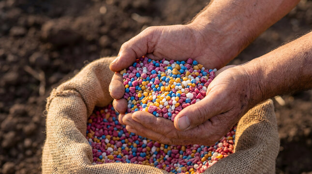 Farmer holding colorful fertilizer granules from burlap sack over soil