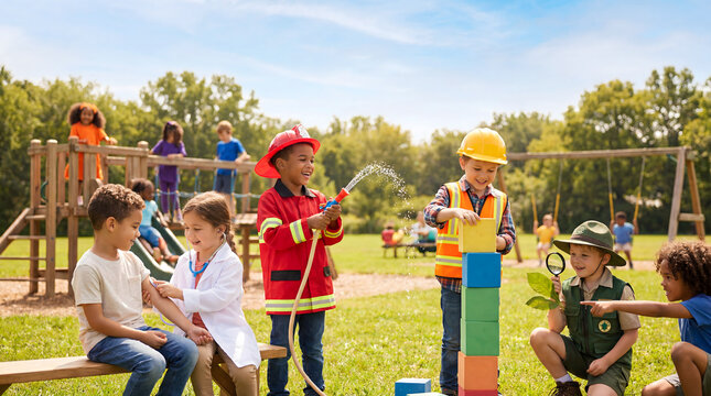 Children in costume role playing careers outdoors on sunny playground