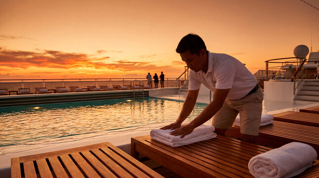 Cruise ship steward arranging towels by pool deck at golden hour sunset