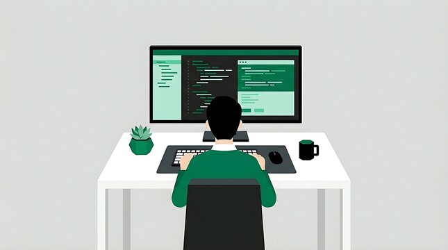 Minimalist flat illustration of a professional software developer programmer coding on a large computer screen in a clean modern workspace