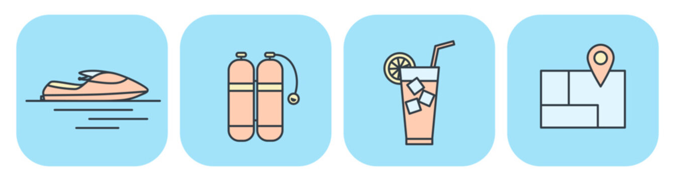 Flat vector icons of summer vacation: jet ski, scuba tanks, cocktail, and map. Illustrations for tourism design