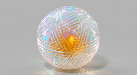 Obraz premium Futuristic spherical dessert with iridescent opal texture and liquid gold center, molecular gastronomy and luxury food tech concept on grey background.