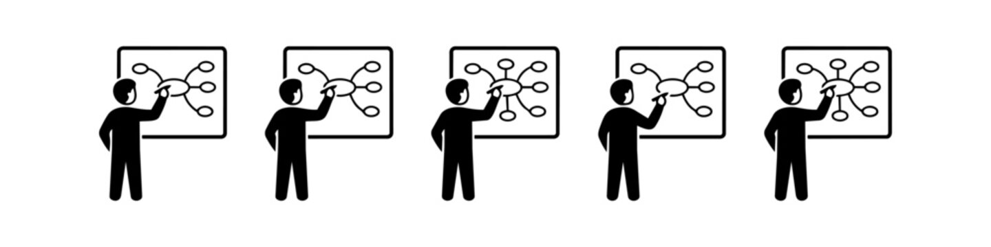 Set of five icons showing a person drawing a mind map or flow chart on a whiteboard, representing brainstorming, strategic planning, project management, and business process visualization.