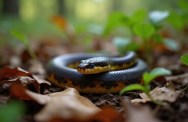 Fototapeta premium Broad banded water snake coiled on forest floor among fallen leaves and green sprouts. Reptile displays intricate scale patterns and bright blue eyes. Serpentine creature hunts in woodland habitat.