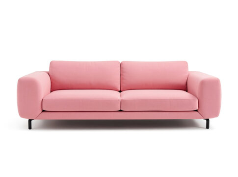A pink couch sitting on a white floor in a minimalist interior design setting