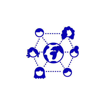 Global social network connection icon with people avatars and earth globe on white background.