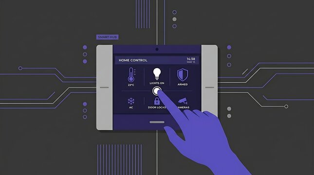 Smart home automation system interface on digital tablet with hand touching screen for security and climate control