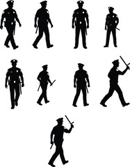 Naklejka premium Collection of police officer silhouettes in various poses, law enforcement figures walking and standing isolated on white background