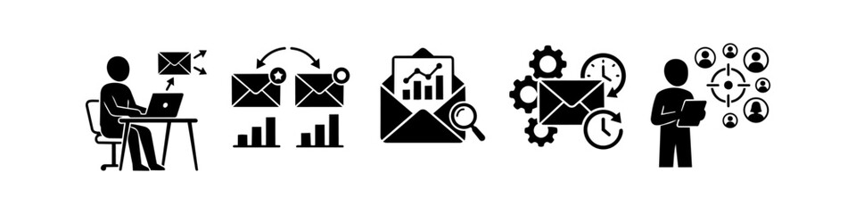 Set of email marketing icons representing campaign management, data analysis, A/B testing, automation, and audience targeting in a minimalist black and white vector style. © Nort Kor