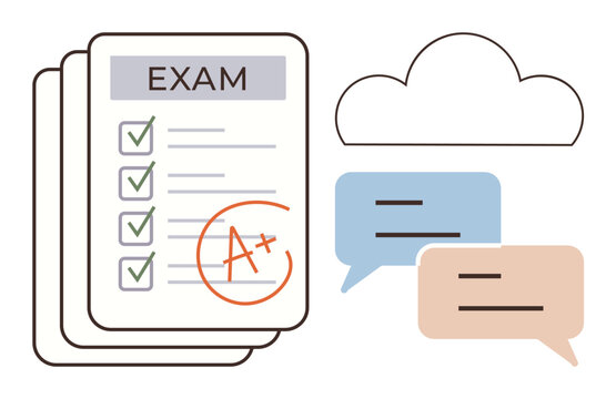 Academic success, online learning, communication tools, test results, data storage, and feedback systems. Exam sheet graded A plus, speech bubbles and cloud icon. Academic success and online