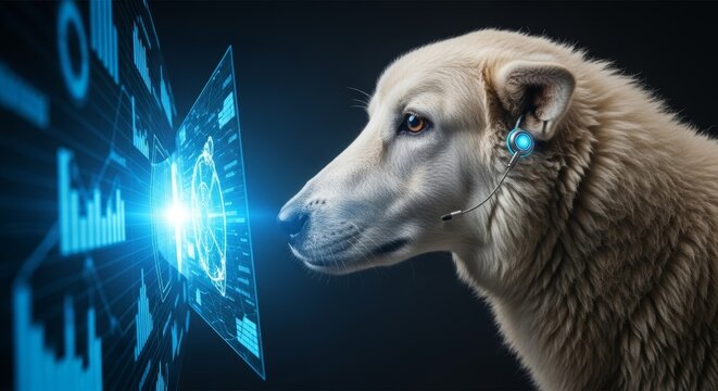 A golden dog wearing a futuristic headset interacts with a glowing digital interface, symbolizing advanced canine intelligence and technology.