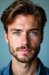 Fototapeta premium Close up portrait of young man with blue eyes and brown hair. He has beard and mustache and wears denim shirt. Man looks directly at camera with slight smile. Natural light illuminates his face.