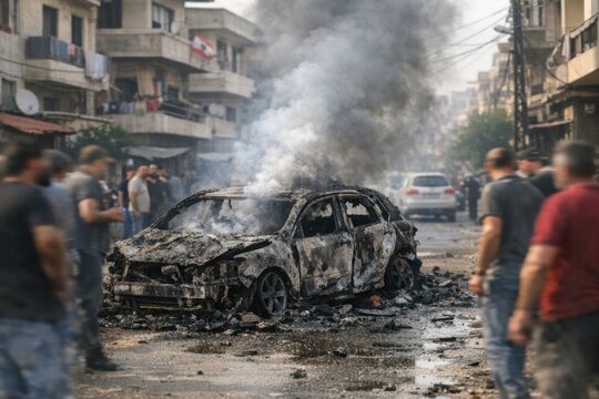 A burnt out car sitting idle on a city street