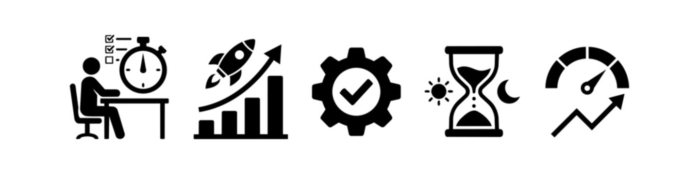 Vector icon set for productivity, business growth, efficiency, and time management. Includes rocket launch, stopwatch, gear with checkmark, hourglass, and performance meter on a white background.