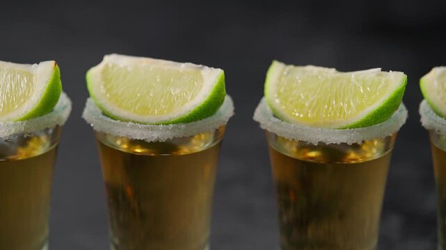 Lot of glasses filled with golden tequila are lined up. Tequila shots . 
Row of classic traditional golden tequila glasses filled Mexican tequila.