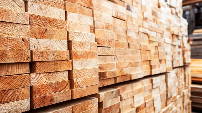 Stacked pine timber planks in an orderly pile at a sawmill, showcasing raw, sustainable lumber and textured wooden boards ready for construction, carpentry, and storage