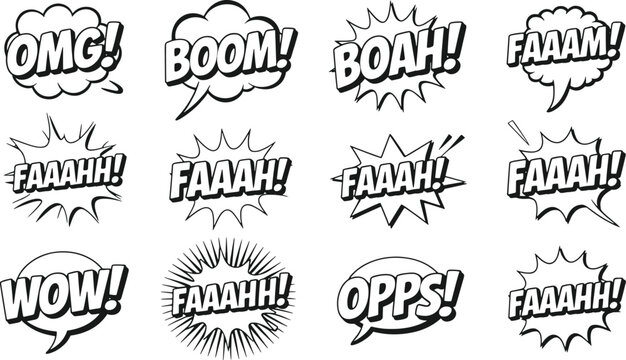Set of comic book style speech bubbles with funny expressions and sound effects text like boom and wow for graphic design and pop art projects
