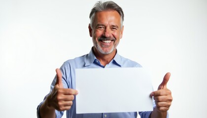 Obraz premium Happy man holds blank white paper sheet. He smiles and gives thumbs up. Use this for ads, notes, or any message you want to share. It is good for presentation.