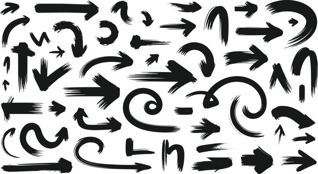 Set of black hand drawn arrows with rough brush strokes for design projects