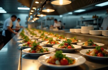Fototapeta premium Restaurant kitchen with chefs plating food. Rows of prepared meals ready for service. Busy commercial kitchen environment with stainless steel counters and warm lighting.