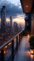 Obraz premium Urban luxury lifestyle overlooking city skyline at night from a modern high rise residential balcony, offering a stunning panoramic metropolitan view at twilight