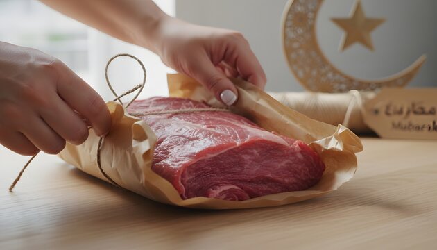 Close-up of hands wrapping a fresh raw meat package in brown paper for Eid al-Adha charity distribution concept on a table with crescent moon and star decorations