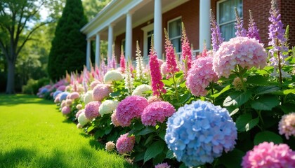 Naklejka premium Manicured lawn borders colorful hydrangeas and foxgloves in front of red brick house. Lush garden bed displays vibrant pink white blue blooms. Porch columns add classic charm.