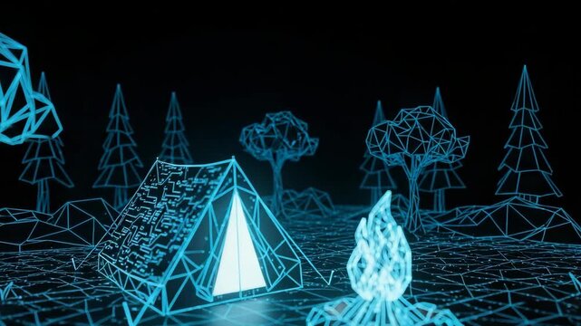 Glowing Wireframe Campsite Featuring Tent Bonfire Set In Dark Forest With Triangular Trees Mesh Background For Abstract Designs Games Technology-related Themes