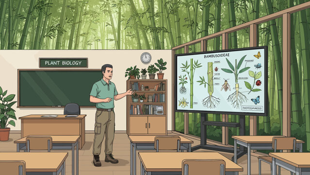 Teacher standing in classroom with desks 1.