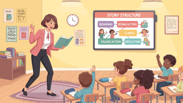 Teacher standing in classroom with students 6.