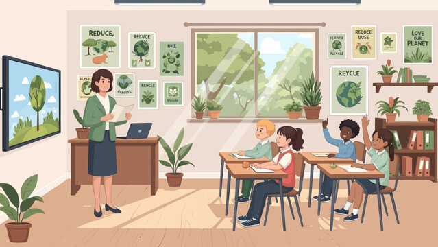 Teacher standing in classroom with students 7.