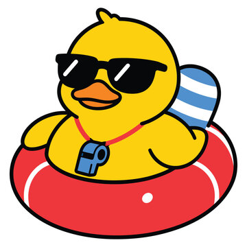 Cute cartoon duck wearing sunglasses and a lifeguard whistle in a red swimming ring