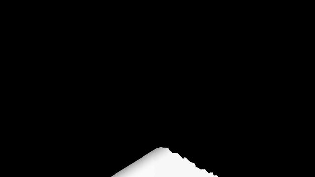 paper matte transition with large diagonal tear and rough organic texture. Black and white luma matte for diagonal wipes, reveals and seamless integration in video editing